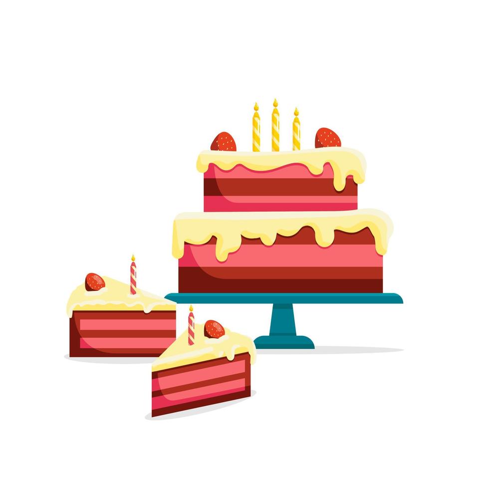 Birthday cake, whole and cut slice. Isolated vector illustration. Bakery tasty food icons. Vector illustration on white background