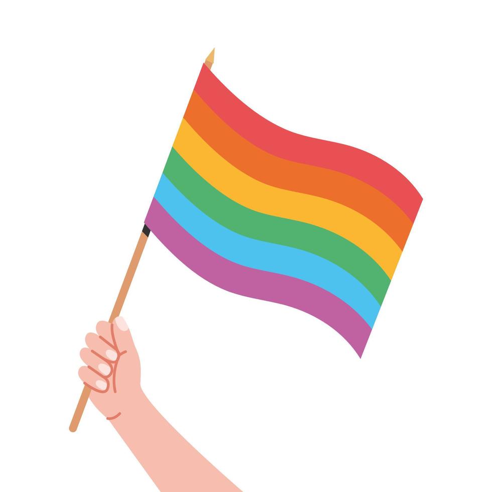 Rainbow flag in hand. Pride flag, hand holding lgbt symbol isolated on white background, vector illustration