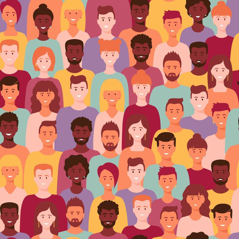 Crowd of young men and women in trendy hipster clothes. Diverse group of stylish people standing together. Society or population, social diversity. Flat cartoon vector illustration.