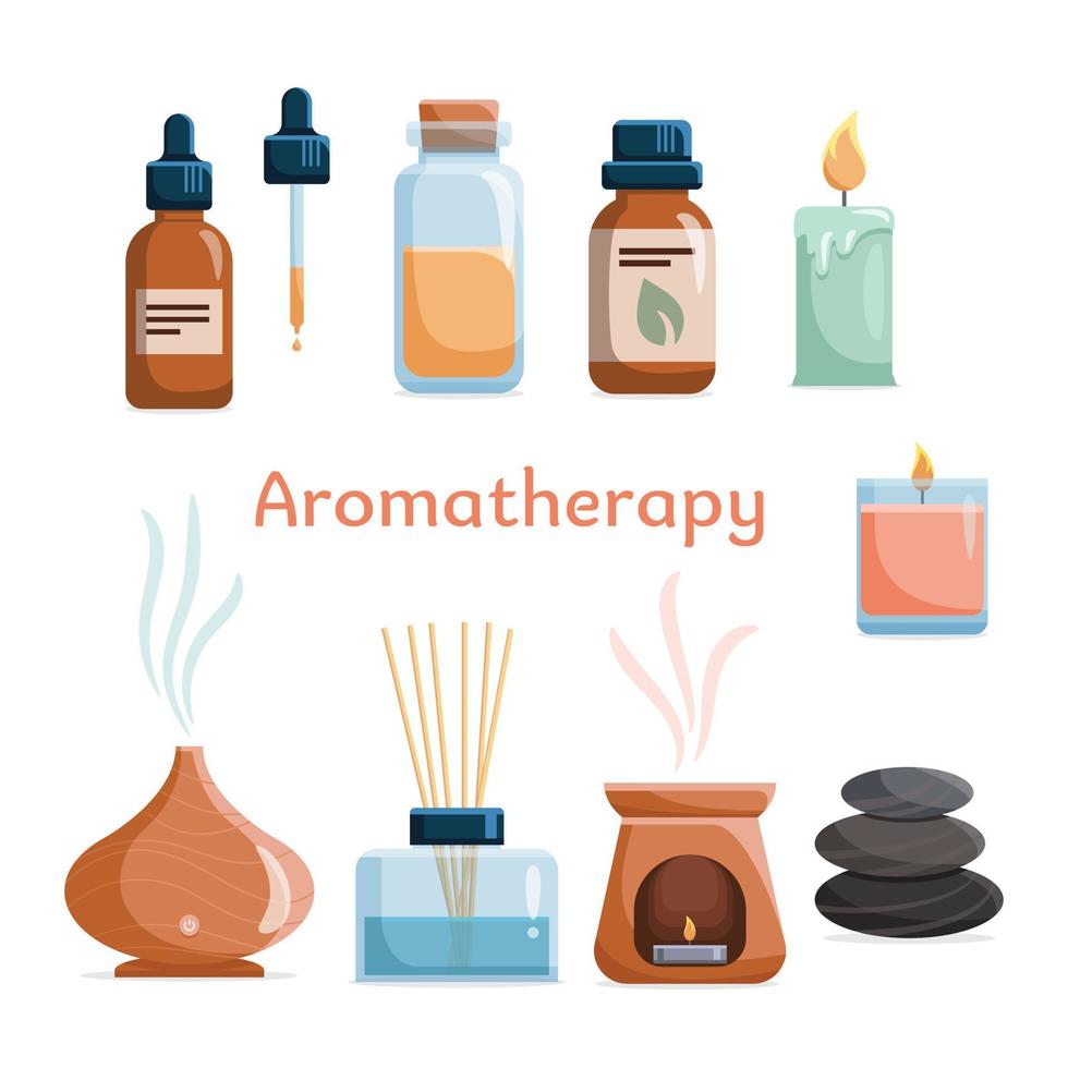 icono de aromaterapia con aceites esenciales para spa y masajes. botellas con aceites aromáticos naturales, hierbas, difusor, vela para el bienestar y la belleza homeopatía y terapia ayurveda. vector