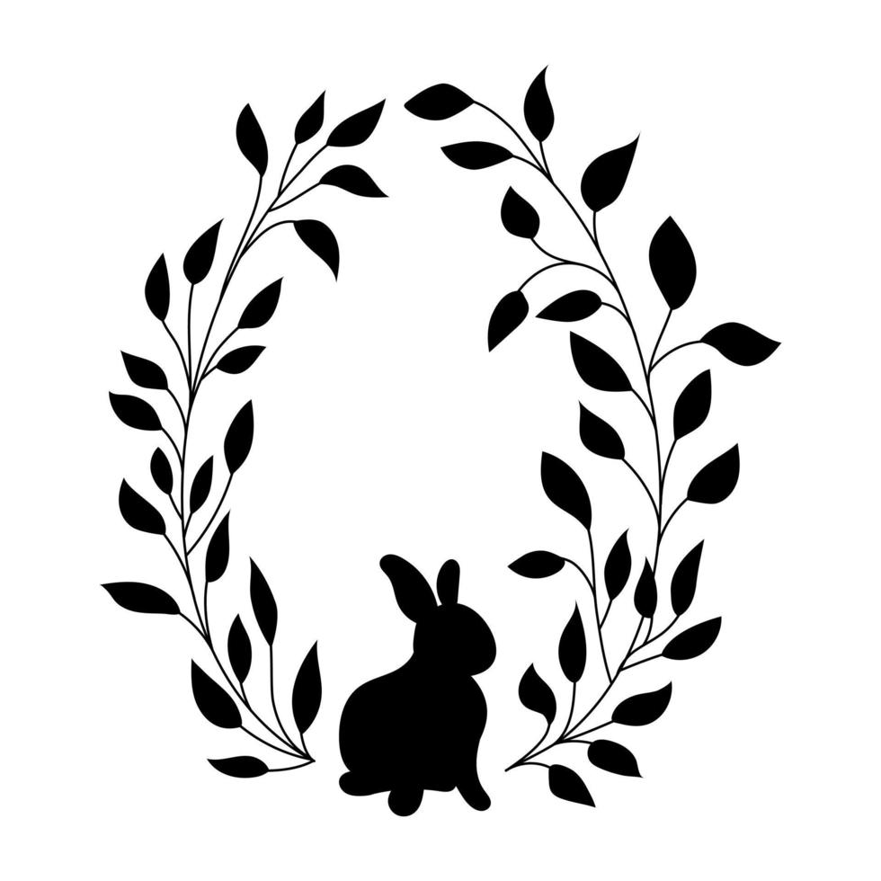 Easter willow wreath with rabbit.Oval floral wreath. Oval frame black silhouette. Vector illustration. Design for Easter, invitations, printing