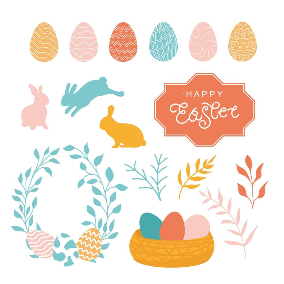 conjunto de dibujos animados de Pascua con conejitos y huevos ilustración vectorial aislado vector