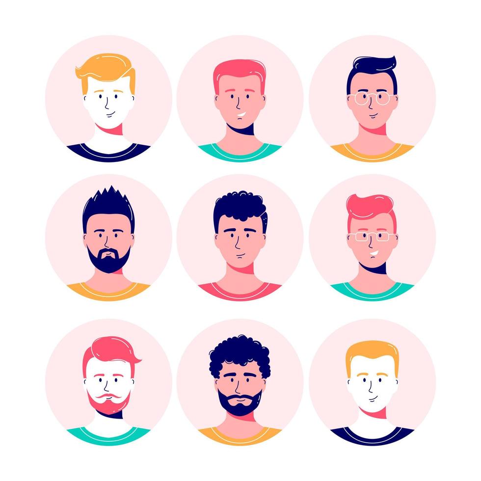 conjunto de avatar de hombres sonrientes. colección de personajes de diferentes chicos. ilustración vectorial aislada. vector