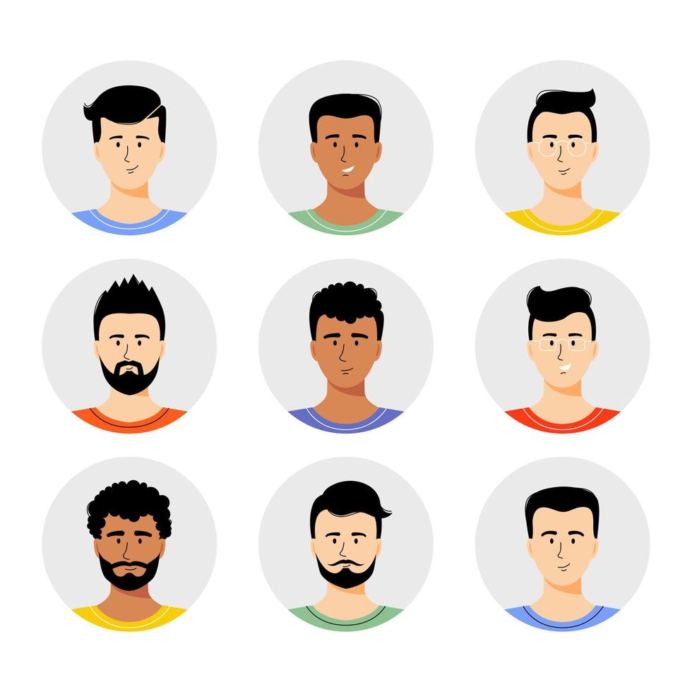 hombre avatar conjunto ilustración vectorial. retrato de niños pequeños con estilo de pelo diferente aislado sobre fondo blanco. nacionalidades diferentes vector