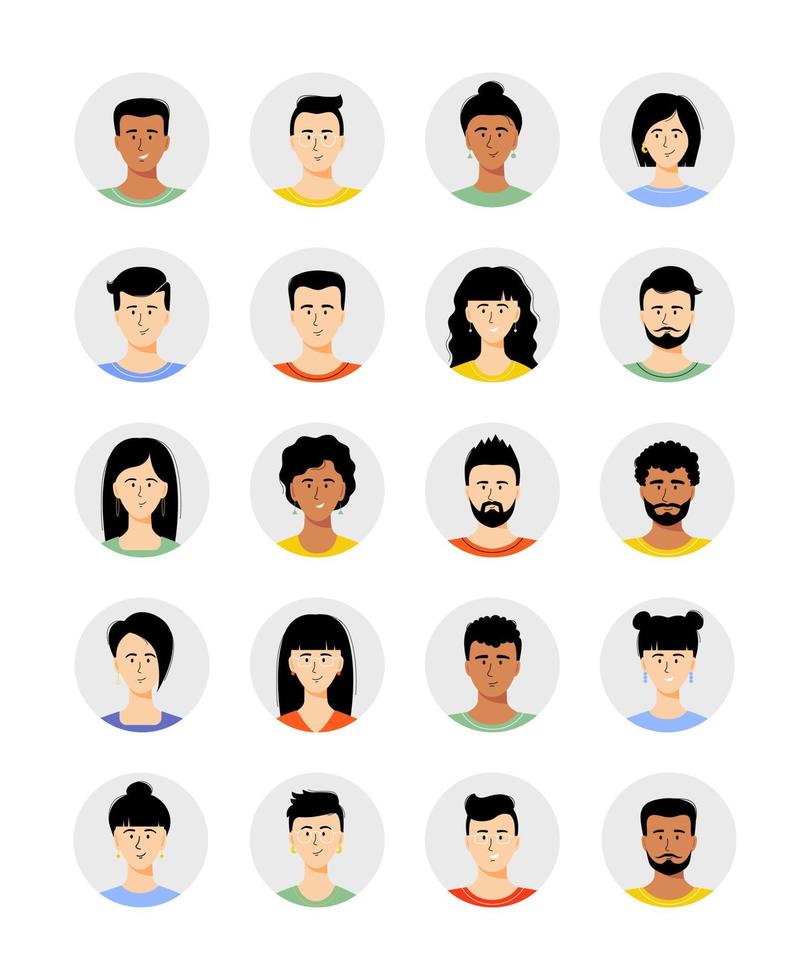 conjunto de avatar de personas sonrientes. colección de personajes diferentes de hombres y mujeres. ilustración vectorial aislada. vector