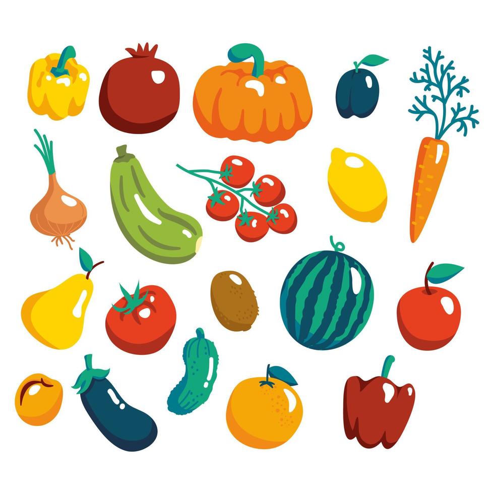 gran conjunto de objetos vectoriales de frutas y verduras vectoriales dibujadas a mano aisladas sobre fondo blanco.comida vegana saludable. ilustración de dibujos animados plana. vector