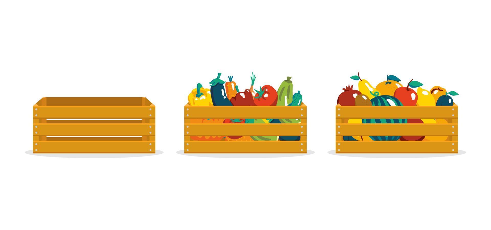 Autumn harvest. fresh fruits and vegetables in a wooden box. The concept of the harvest festival. flat vector illustration, isolated on white background
