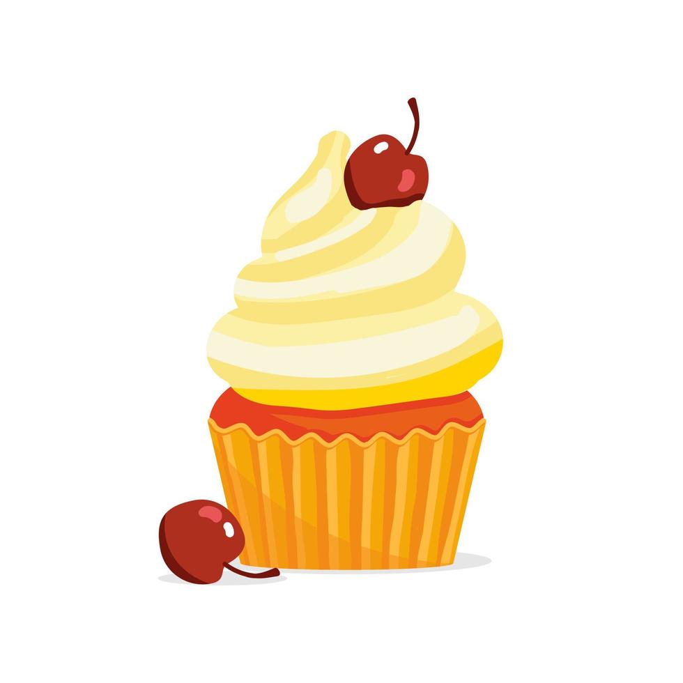 happy birthday sweet vanilla cupcake with cherry. Celebration isolated icon vector illustration