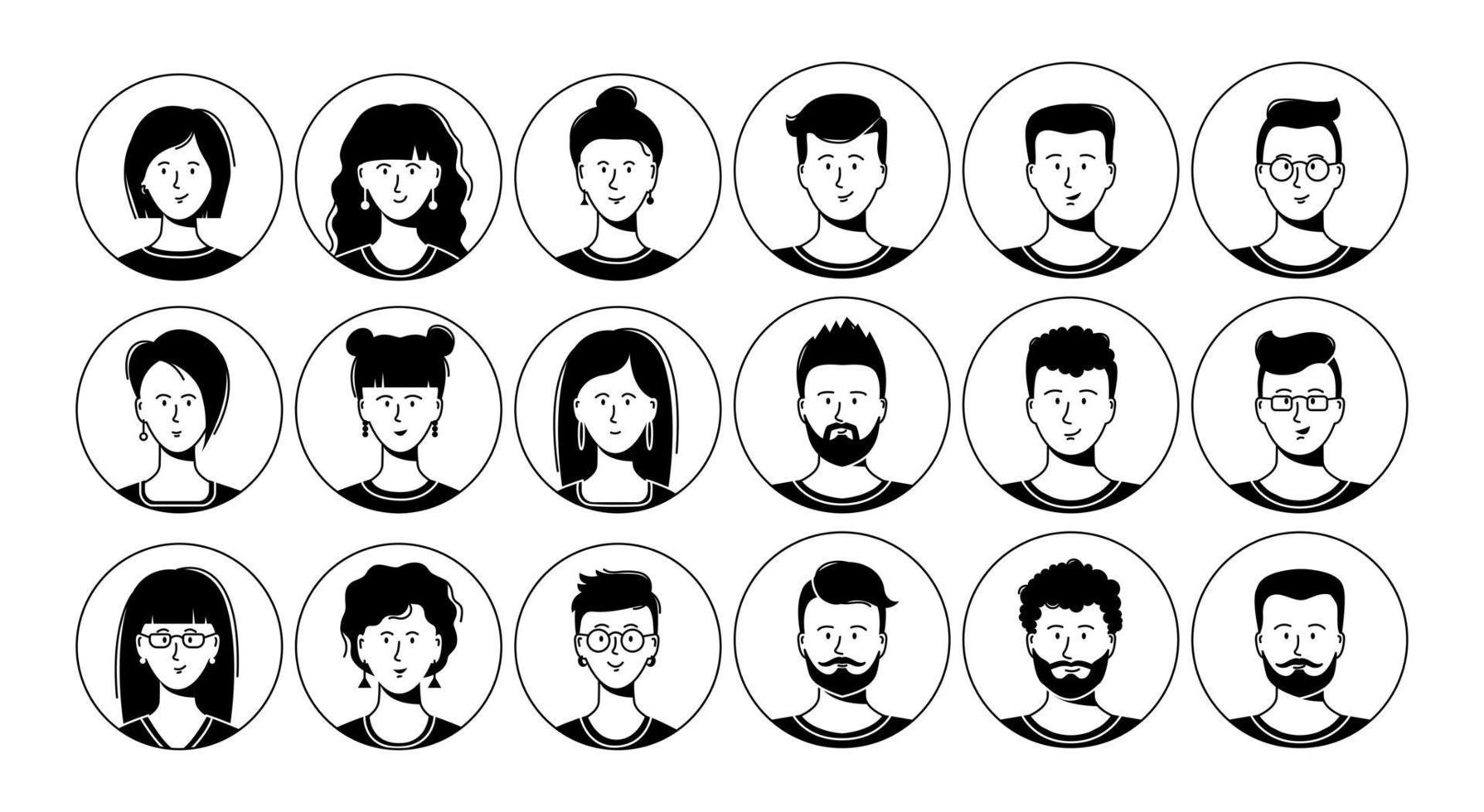 delinear personas. avatares de cara. hombres y mujeres. varios cortes de pelo. iconos minimalistas. conjunto de vectores gráficos en blanco y negro. estilo de dibujos animados, diseño plano simple. ilustración de moda.