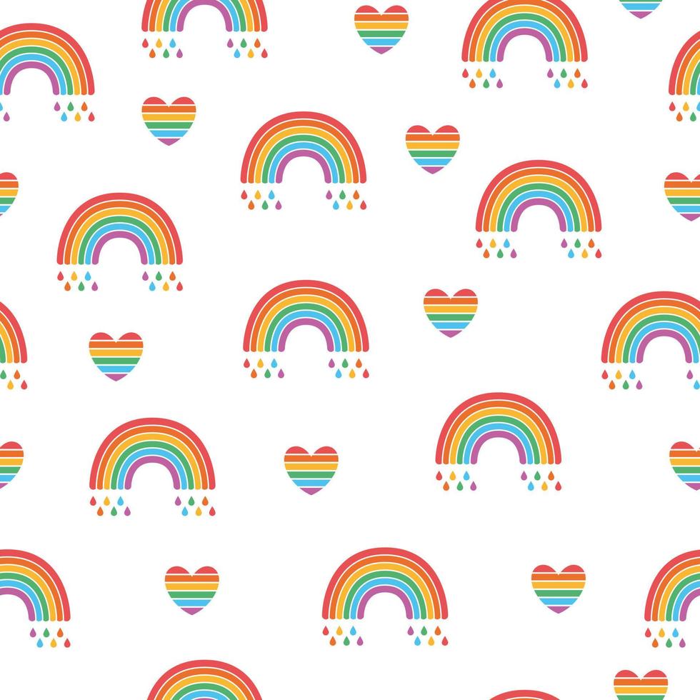 Vector seamless pattern of bright  lgbt rainbow flag and heart isolated on white background. Pride