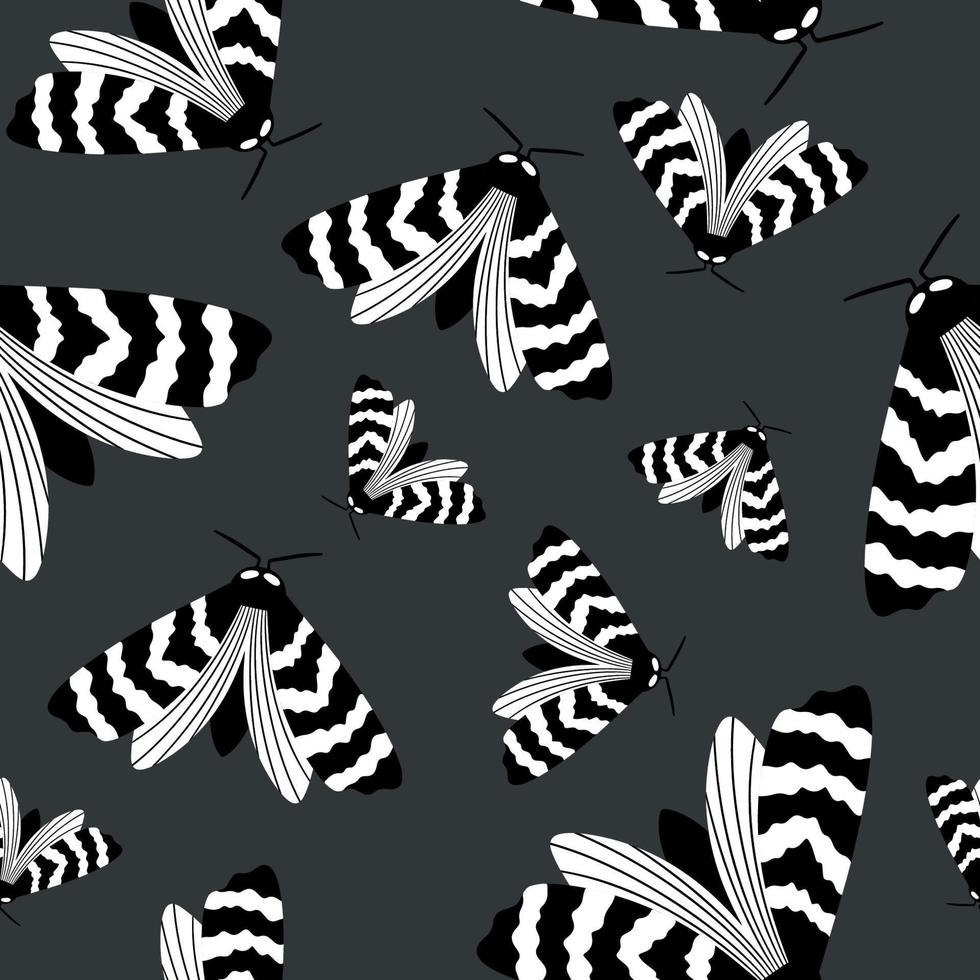 Seamless monochrome black and white background pattern with abstract butterfly for printing on textiles or paper. Vector illustration in a hand-drawn style.