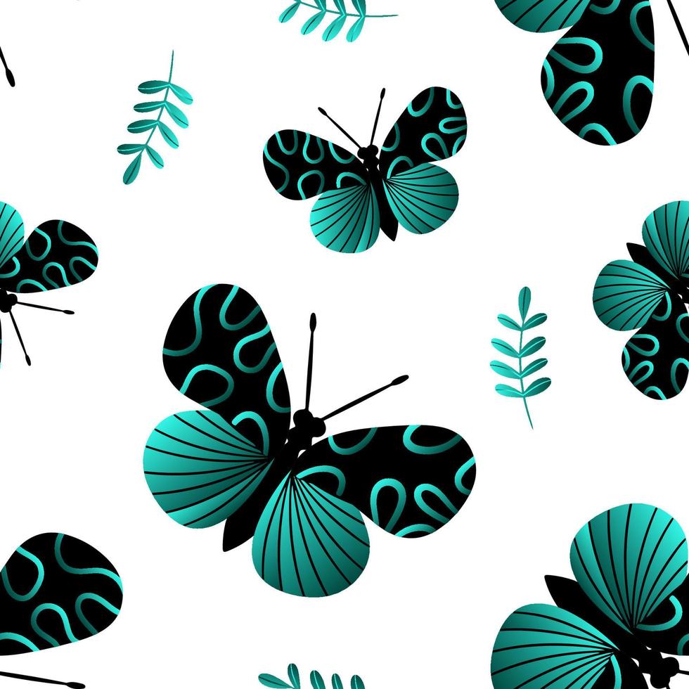 Seamless pattern of gradient and black butterflies. Template for the design of fashionable fabrics, home textiles, clothing, paper, wallpaper, unusual packaging, curtains. Vector illustration.