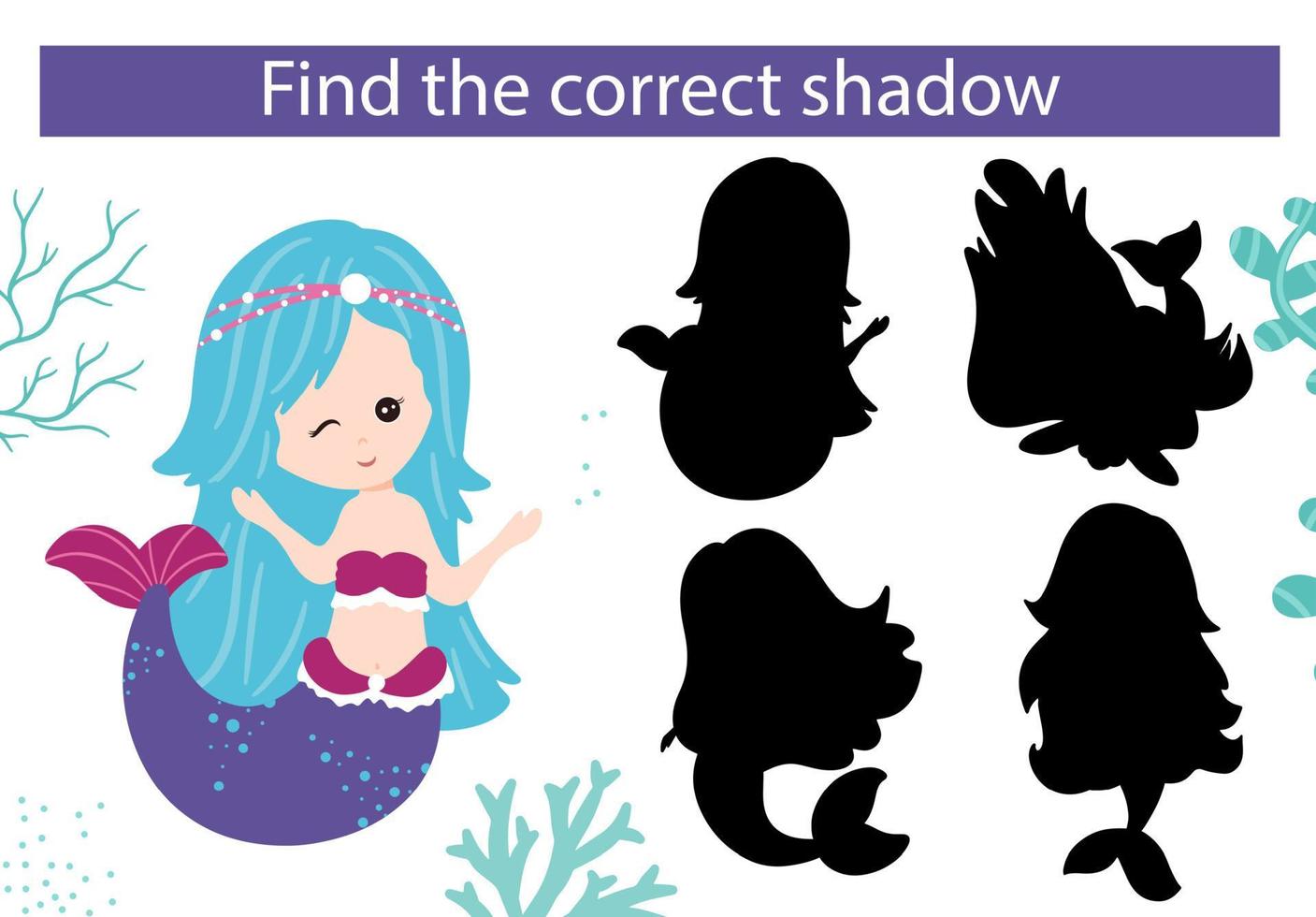 Mermaid and underwater world. Find the right shadow. Educational game. vector