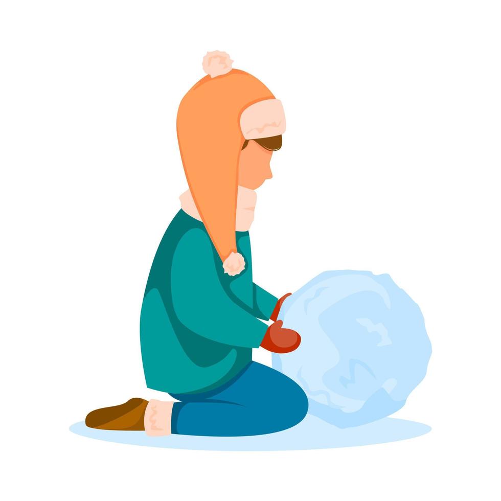 Child is rolling big snowball. Concept of winter fun. Vector illustration in flat style.