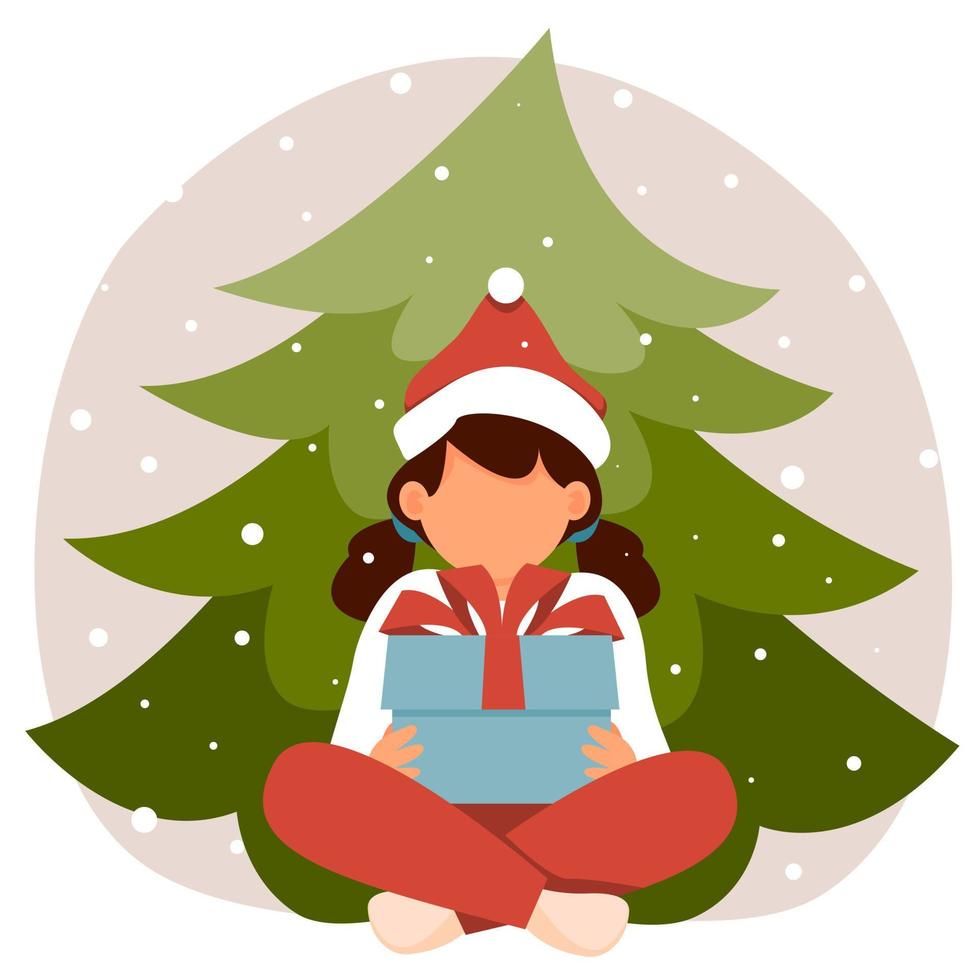 niña con sombrero de santa claus está sentada junto al árbol de navidad con regalo. Ilustración de vector de año nuevo en estilo plano.