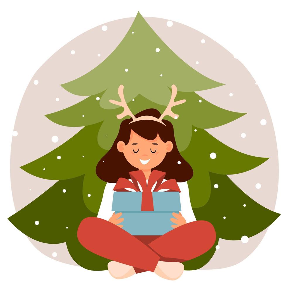 Child girl is sitting by Christmas tree with gift. New year vector illustration in flat style.