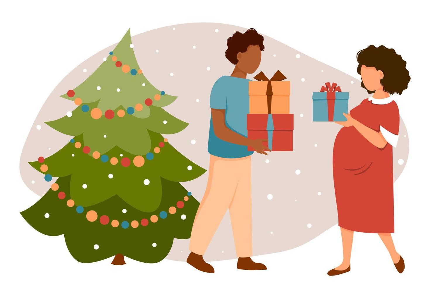 Young people give each other gifts near the Christmas tree. Vector illustration in flat style.