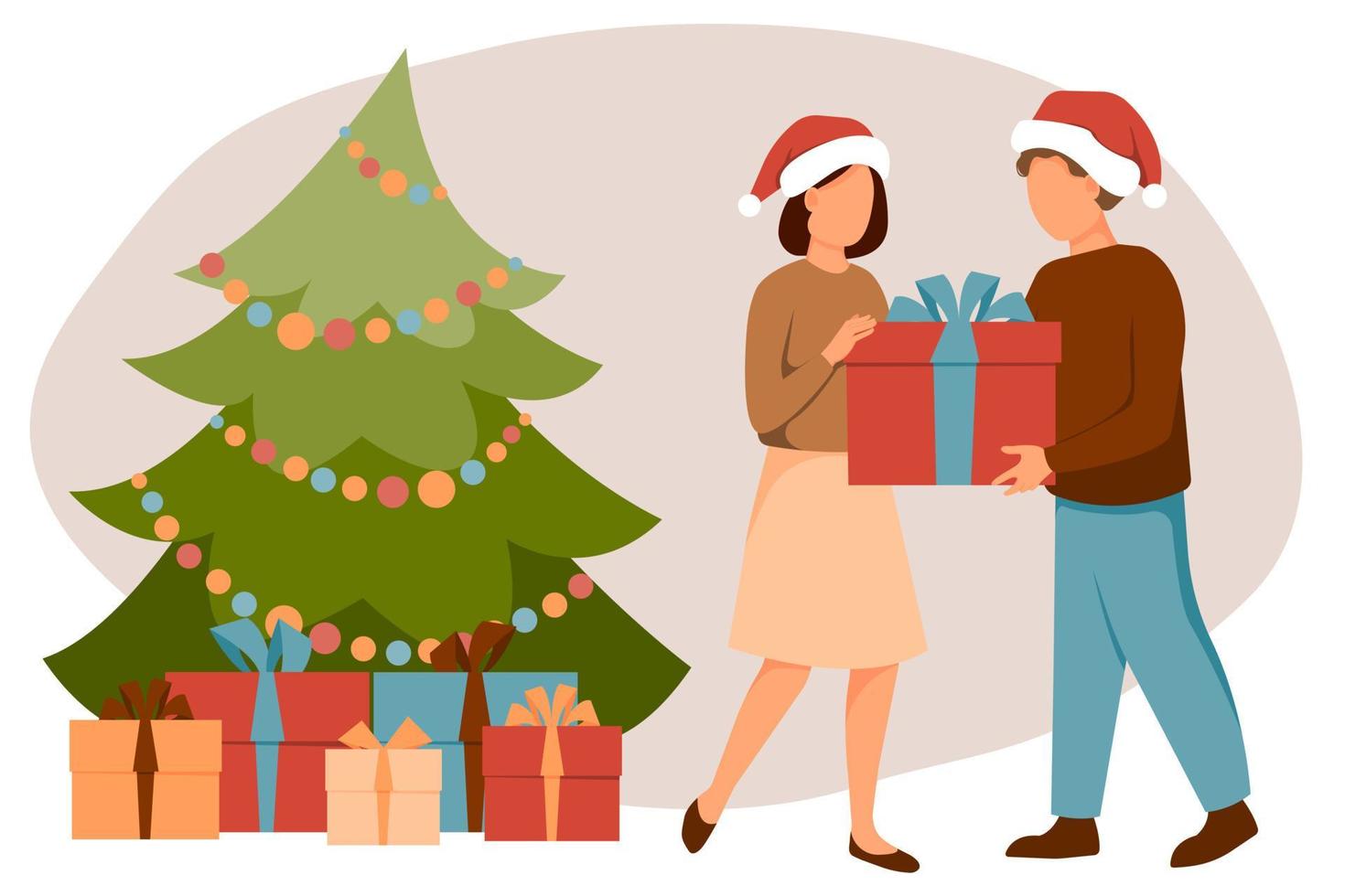 Young people give each other gifts near the Christmas tree. Vector illustration in flat style.