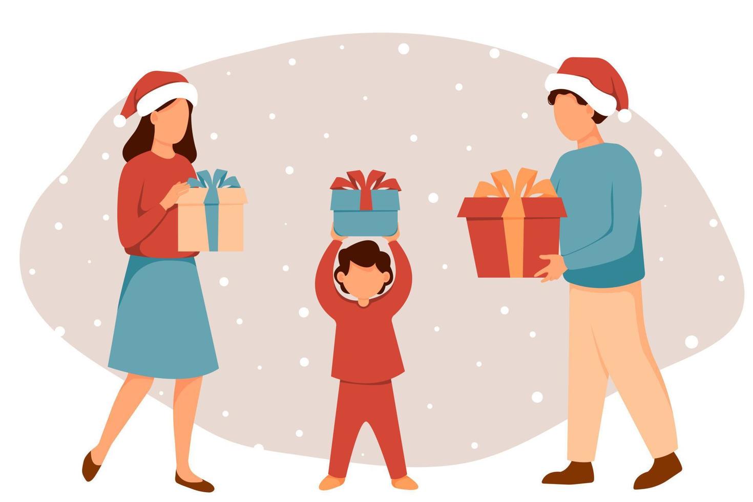Family holding presents in her hands. Vector illustration in flat style.