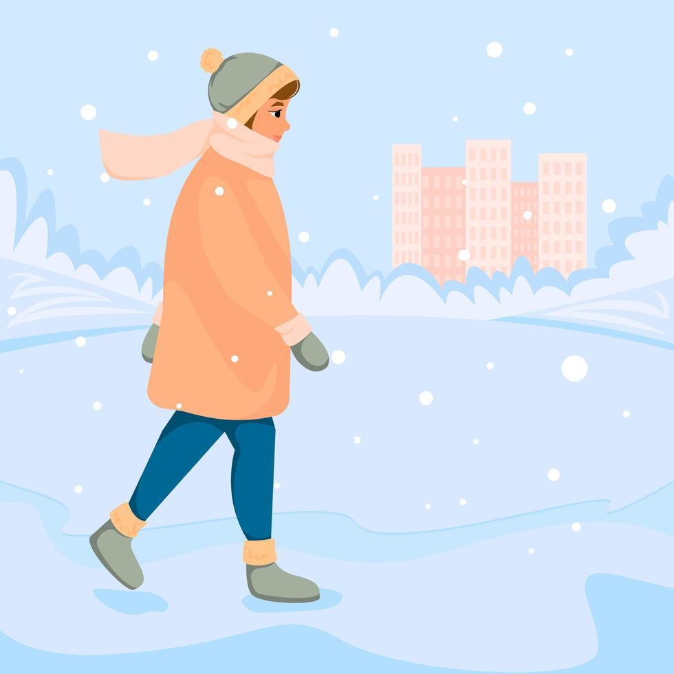 Girl walking in winter park. Vector illustration.