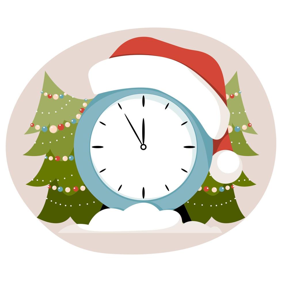 Clock Santa hat and Christmas trees. Happy New Year. vector