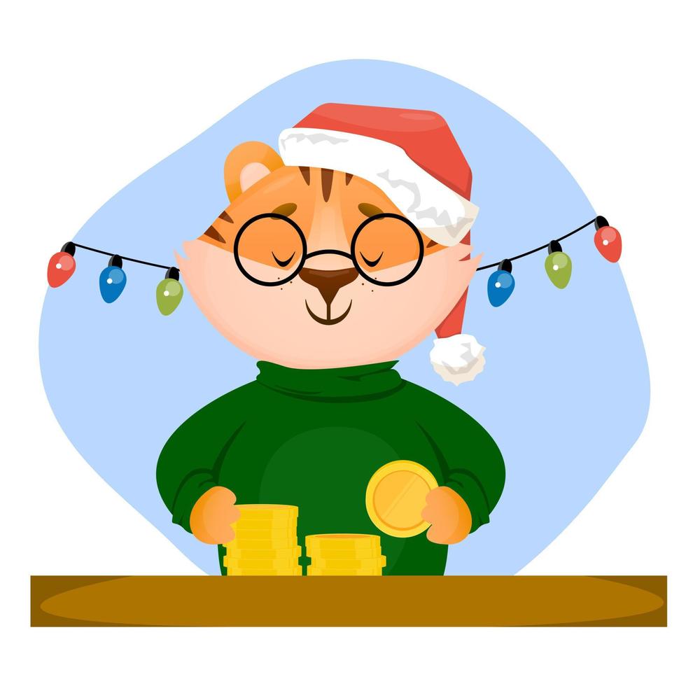 Funny little happy tiger cub in New Year's Santa hat counts coin money. Winter vector character illustration in flat style.