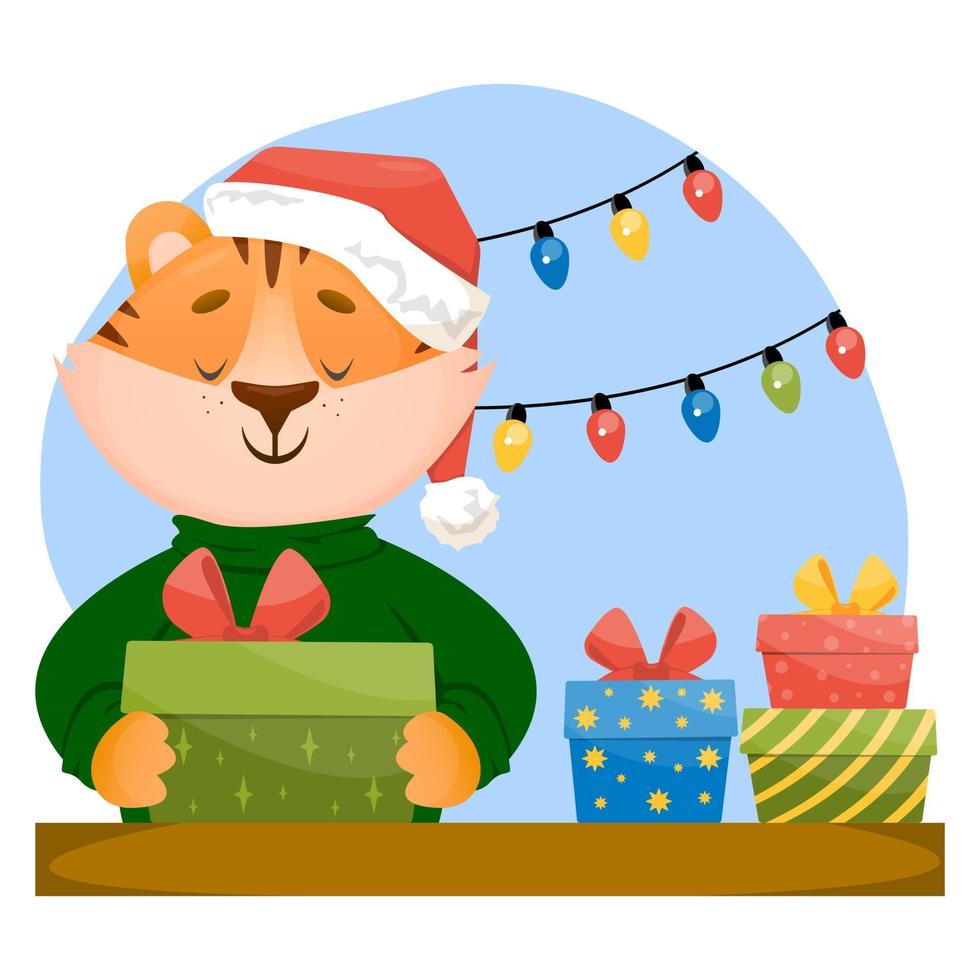 Funny little happy tiger cub in New Year's Santa hat packs new year box gifts. Winter vector character illustration in flat style.