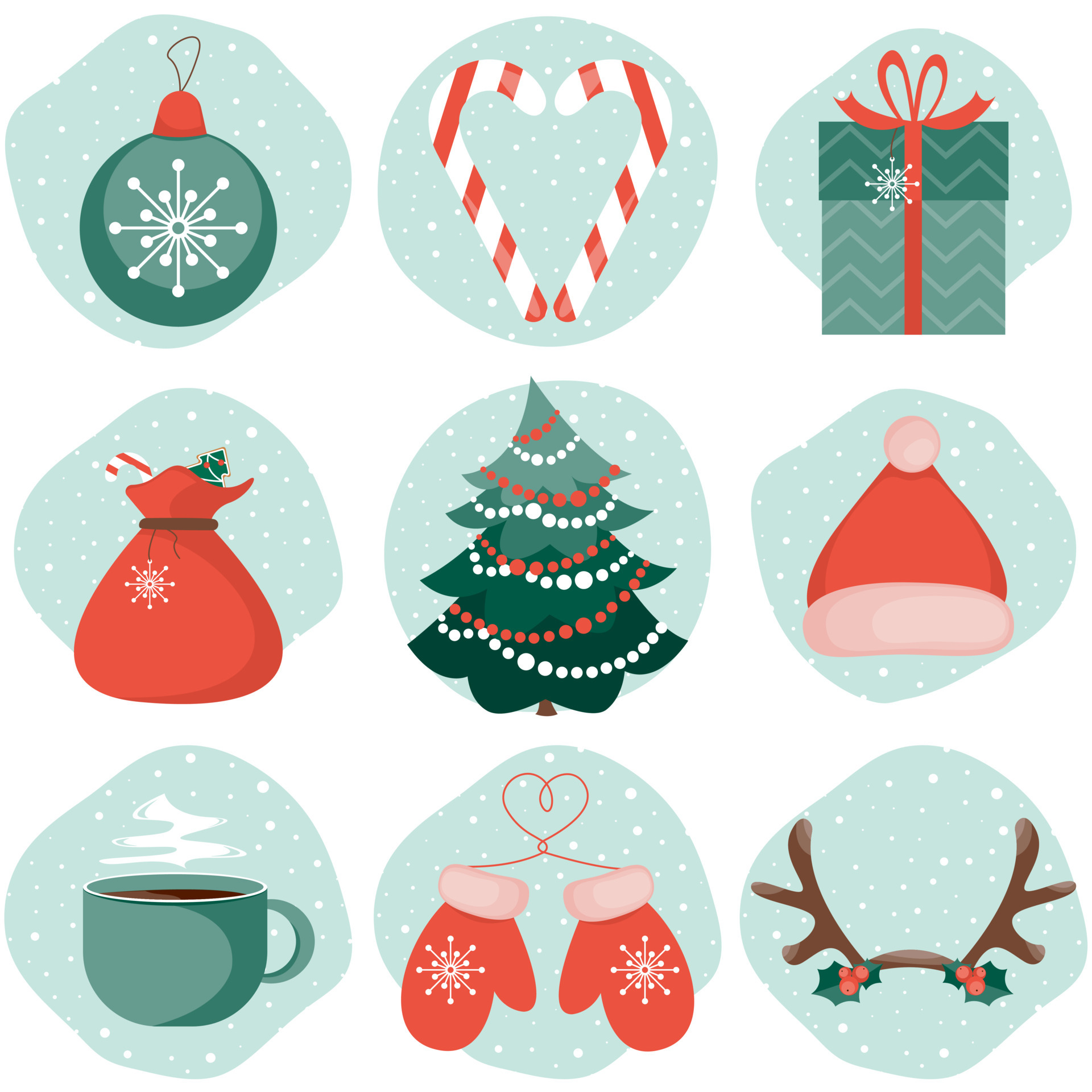 Vector set of cute Christmas icons. New Year symbols in flat style ...