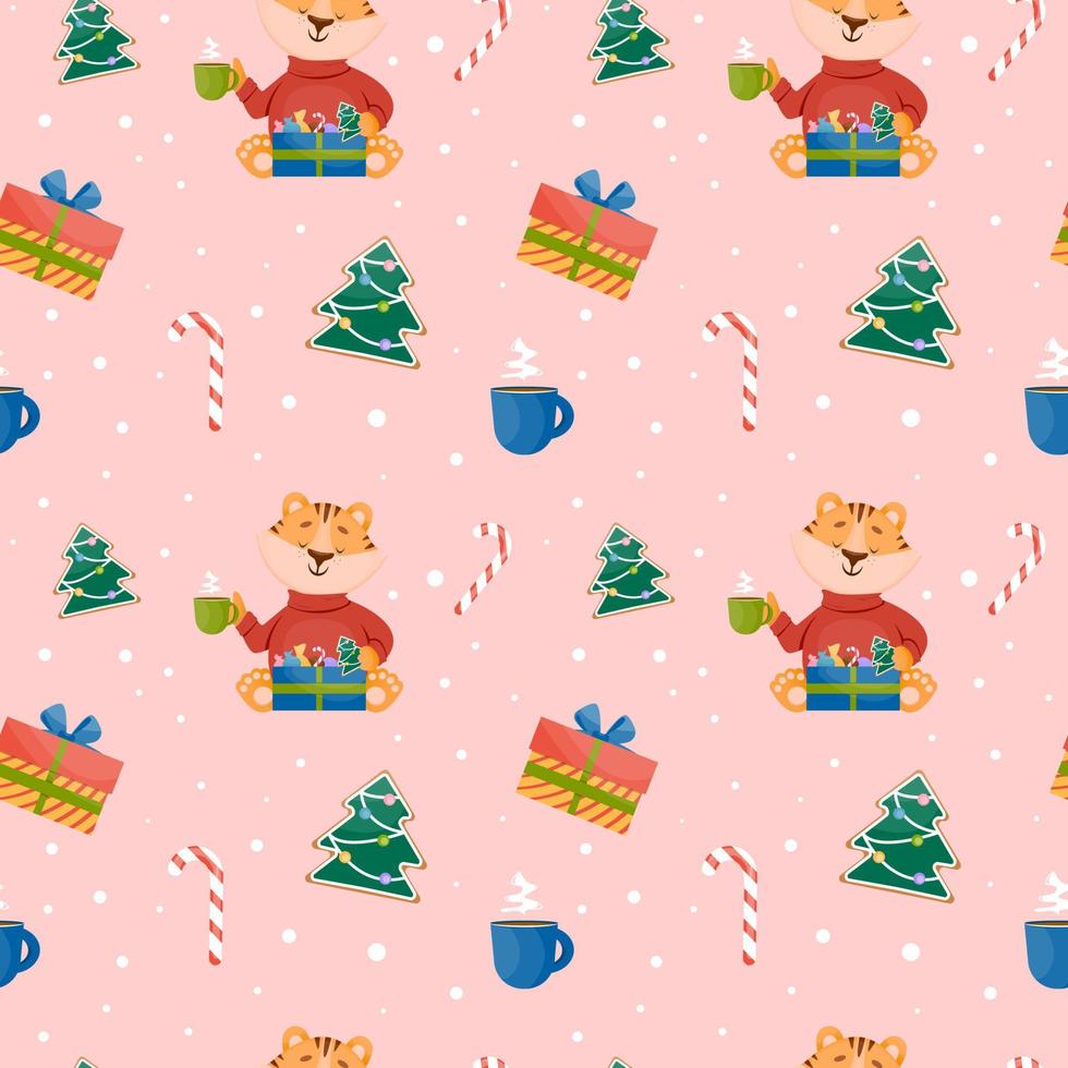 Holidays christmas seamless pattern with tiger cub, sweet candy, mag, box gift, christmas tree. Vector celebration winter background in flat style.