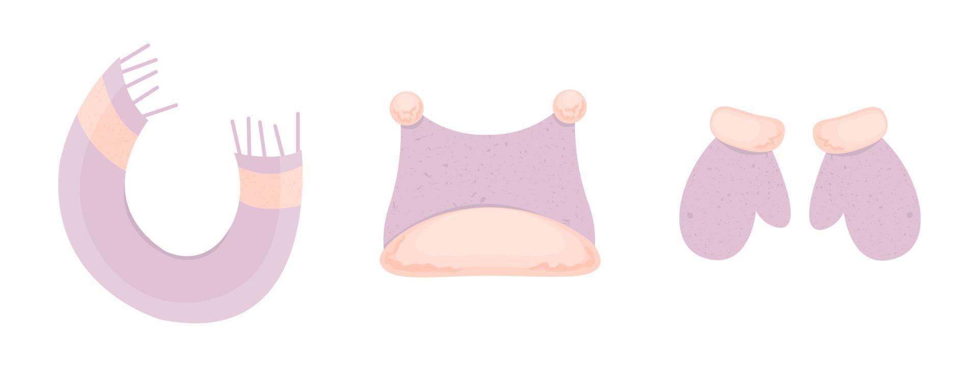 Set of cute pink winter scarf, mittens, headwear. Concept of clothes, cold. Vector illustration.