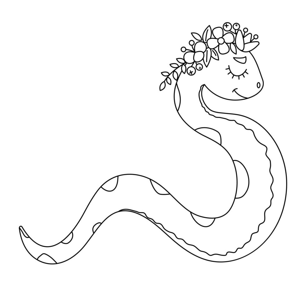 Lineart of cute smiling snake with wreath of flowers. Vector illustration for kids coloring book.