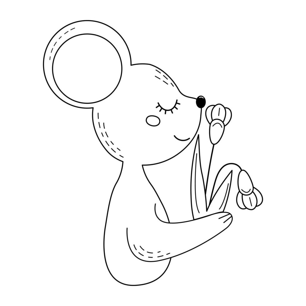 lineart de lindo ratón sonriente con flores. ilustración vectorial para el libro de colorear de los niños. vector