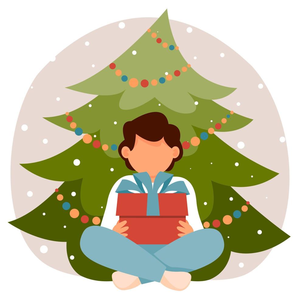 Child boy in santa claus hat is sitting by Christmas tree with gift. New year vector illustration in flat style.