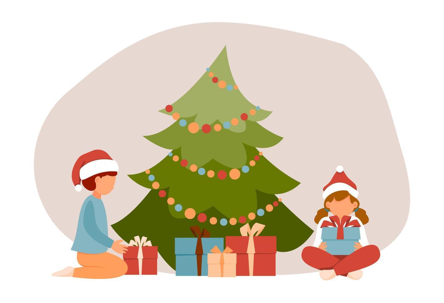 Children open presents by Christmas tree. Vector illustration in flat style.