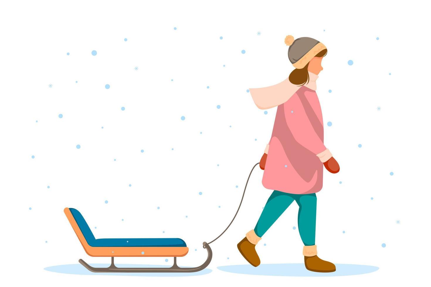 Girl pulls sled. Concept of winter fun. Vector illustration in flat style.