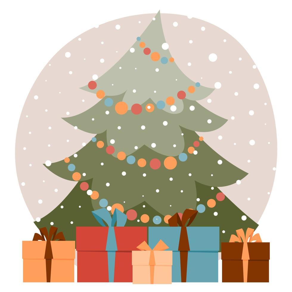 Vector illustration of New Year gifts on background of a Christmas tree.
