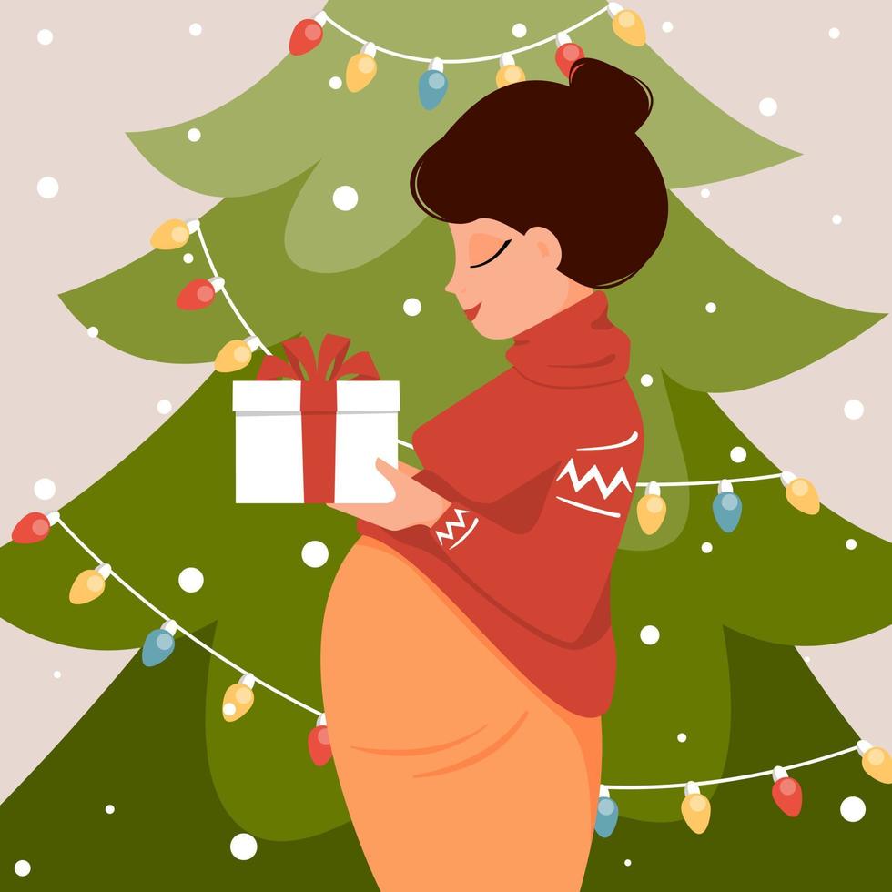 Lovely pregnant woman is holding Christmas present in her hands near the tree. Vector illustration of fictional character in flat style.