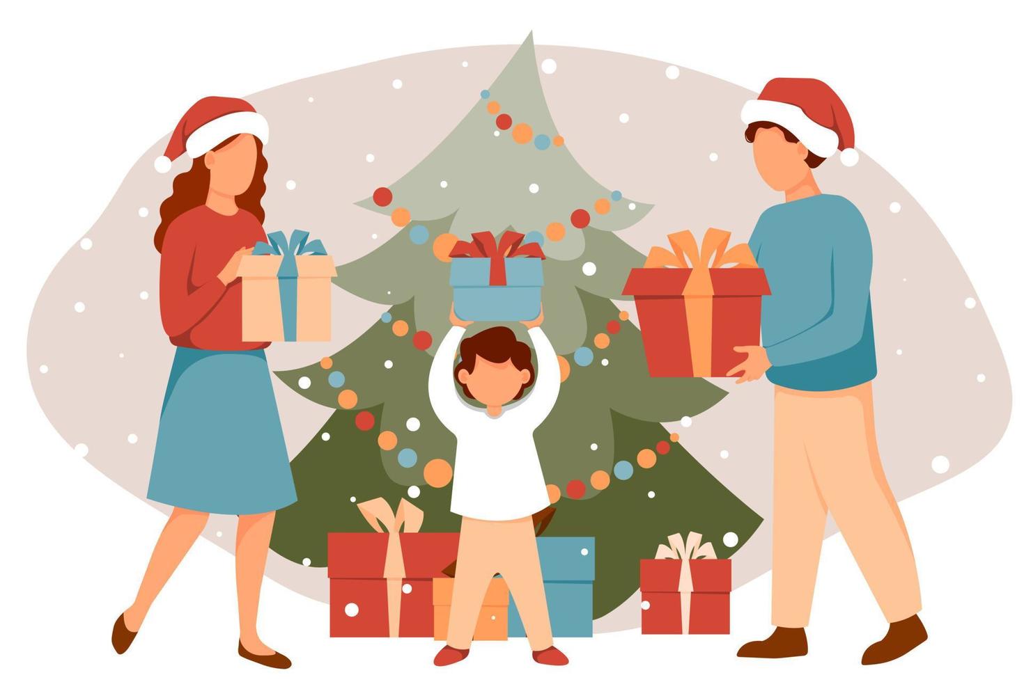 Family giving presents by Christmas tree. Vector illustration in flat style.