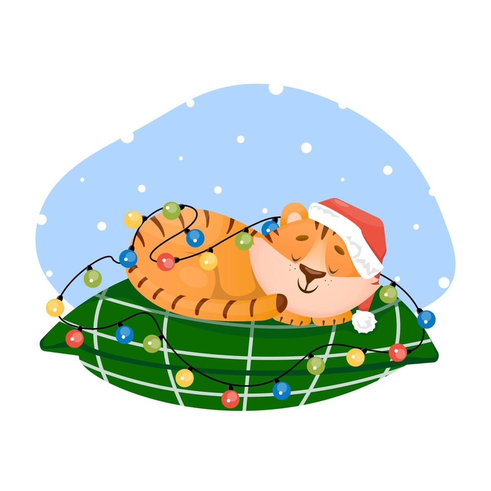 el pequeño y divertido cachorro de tigre feliz duerme sobre una almohada envuelta en guirnaldas. ilustración de carácter vectorial en estilo plano. concepto de vacaciones de invierno. vector