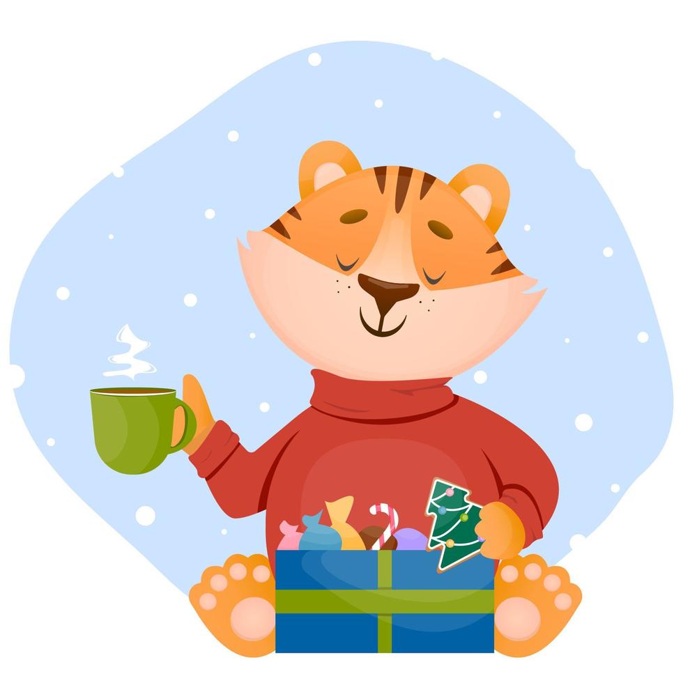 el pequeño y divertido cachorro de tigre feliz vestido con un suéter cálido bebe té caliente con dulces dulces. ilustración de carácter vectorial en estilo plano. concepto de vacaciones de invierno. vector