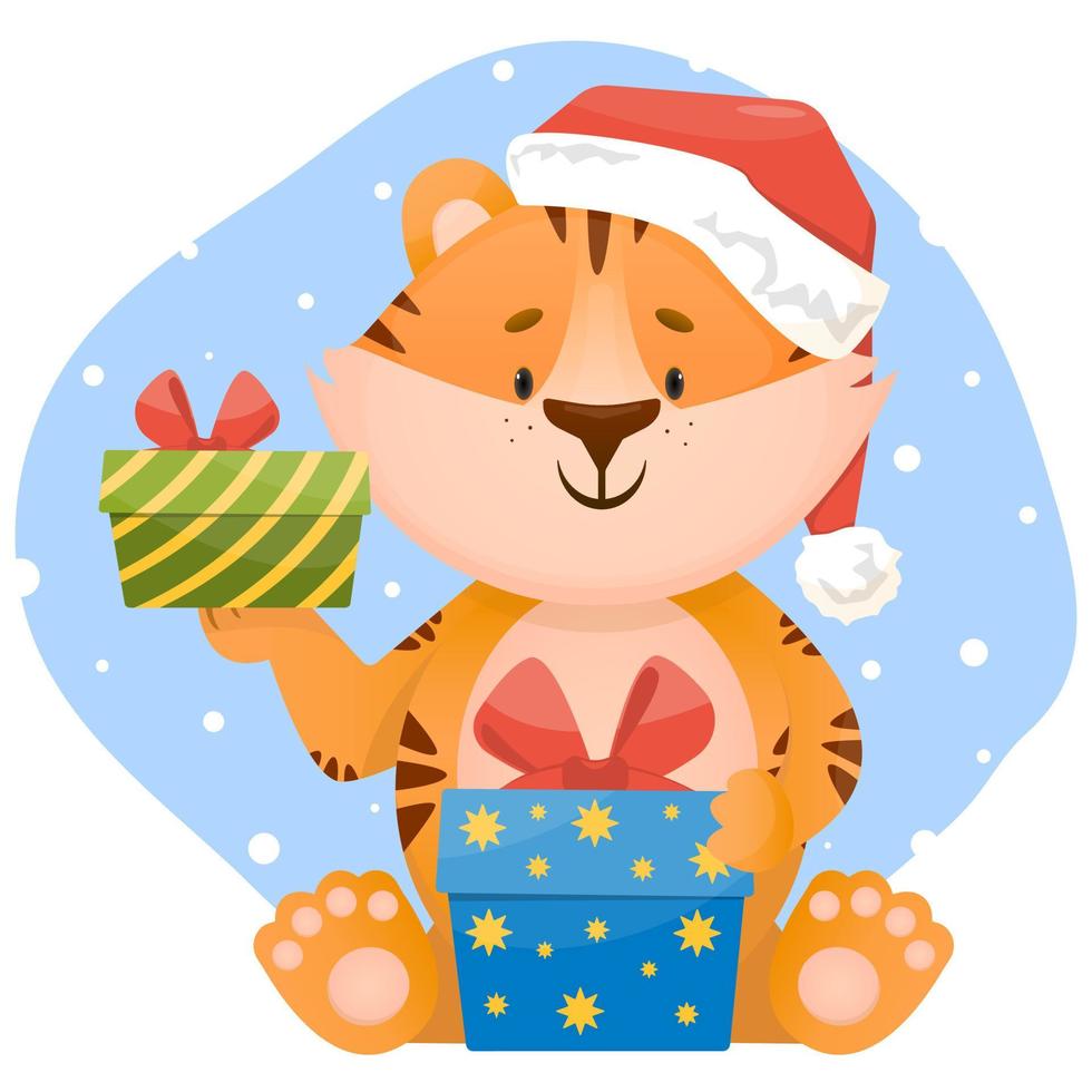 Funny little happy tiger cub sits with gift boxes in New Year's Santa hat. Vector character illustration in flat style.