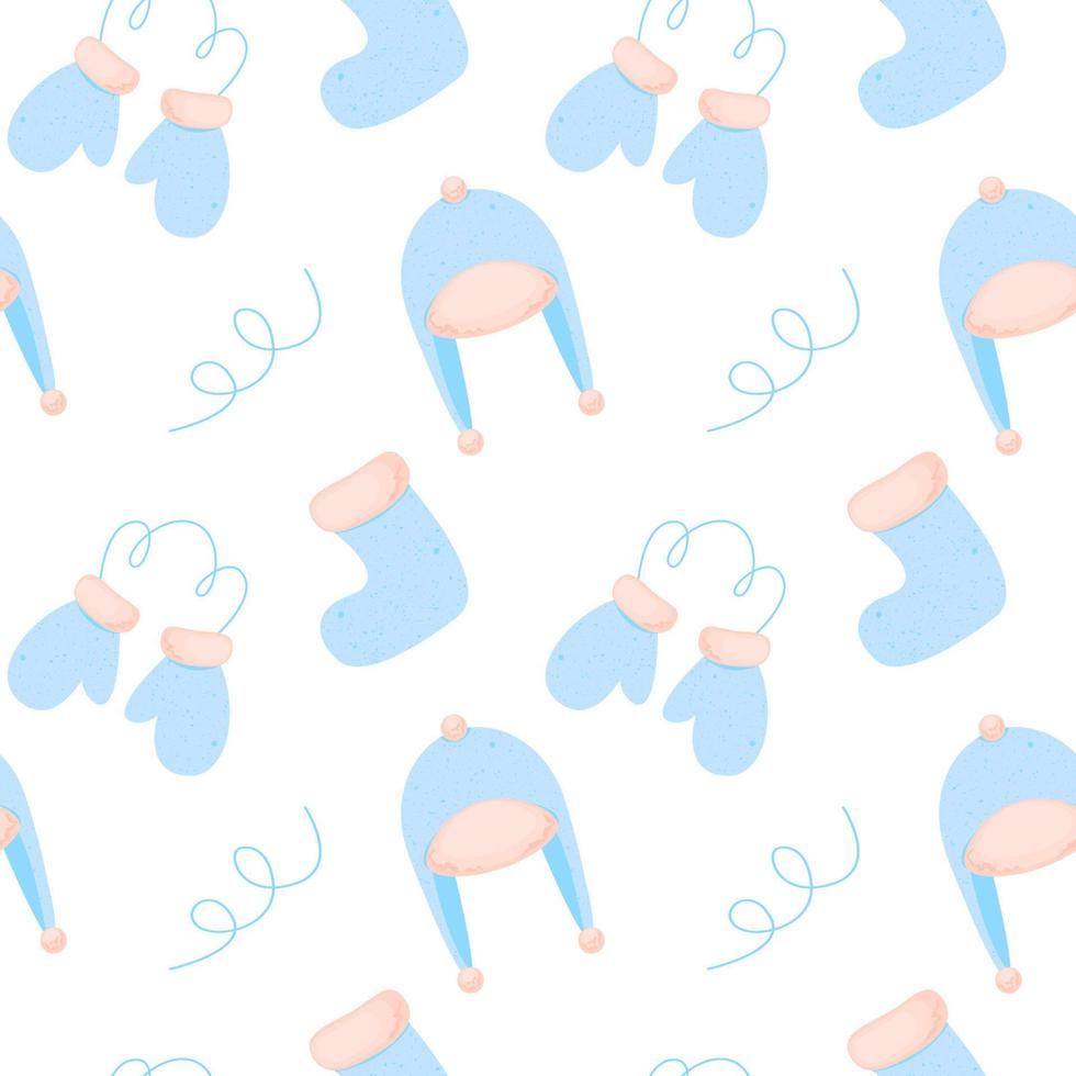 Seamless pattern with cute winter headwear, socks, mittens. Concept of clothes, cold. vector