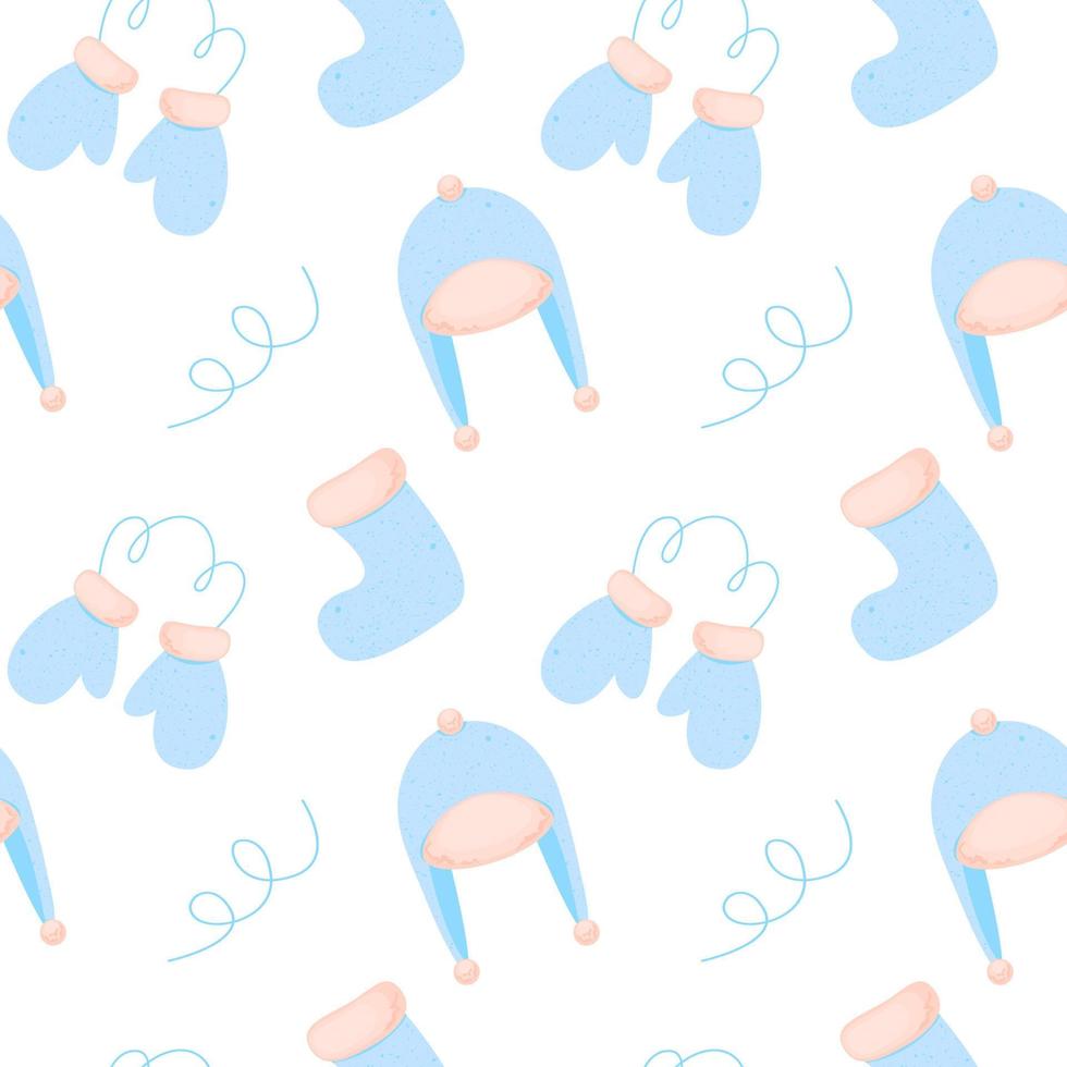 Seamless pattern with cute winter headwear, socks, mittens. Concept of clothes, cold. vector