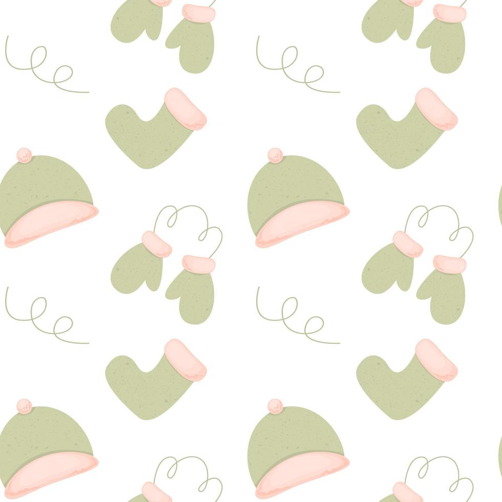 Seamless pattern with cute winter headwear, socks, mittens. Concept of clothes, cold. vector