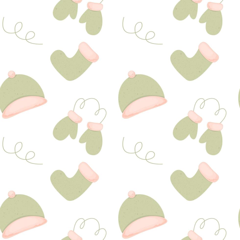 Seamless pattern with cute winter headwear, socks, mittens. Concept of clothes, cold. vector