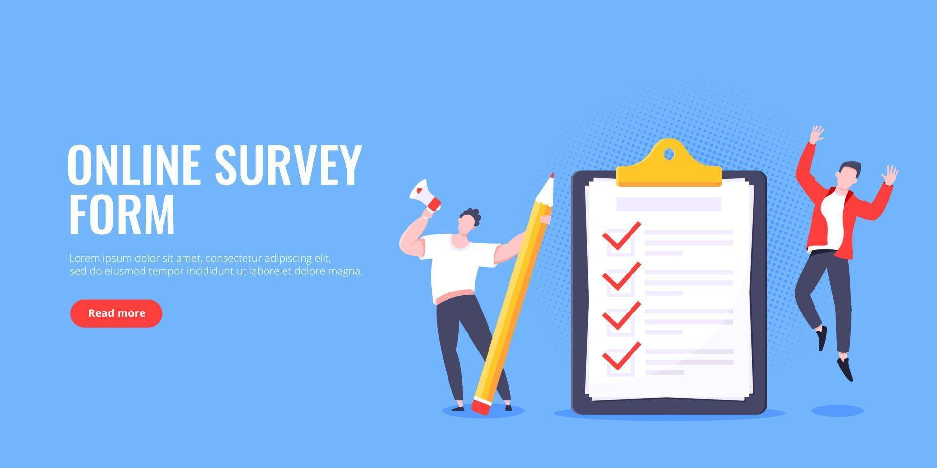 Checklist complete business concept tiny person with megaphone and pencil nearby giant clipboard. vector