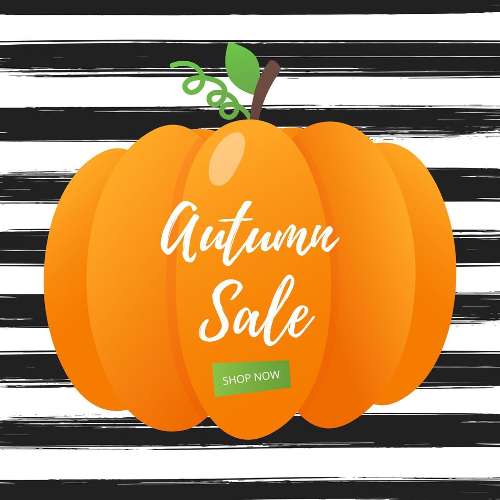 Autumn sale vector banner or poster gradient flat style design vector illustration. Huge red ribbon with text AUTUMN SALE, colored leaves, pumpkin, sunflower, pie and corn isolated on fun background.