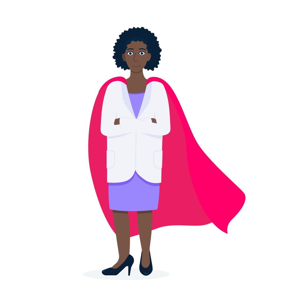 Young adult doctor with hero cape behind hospital medical employee vector