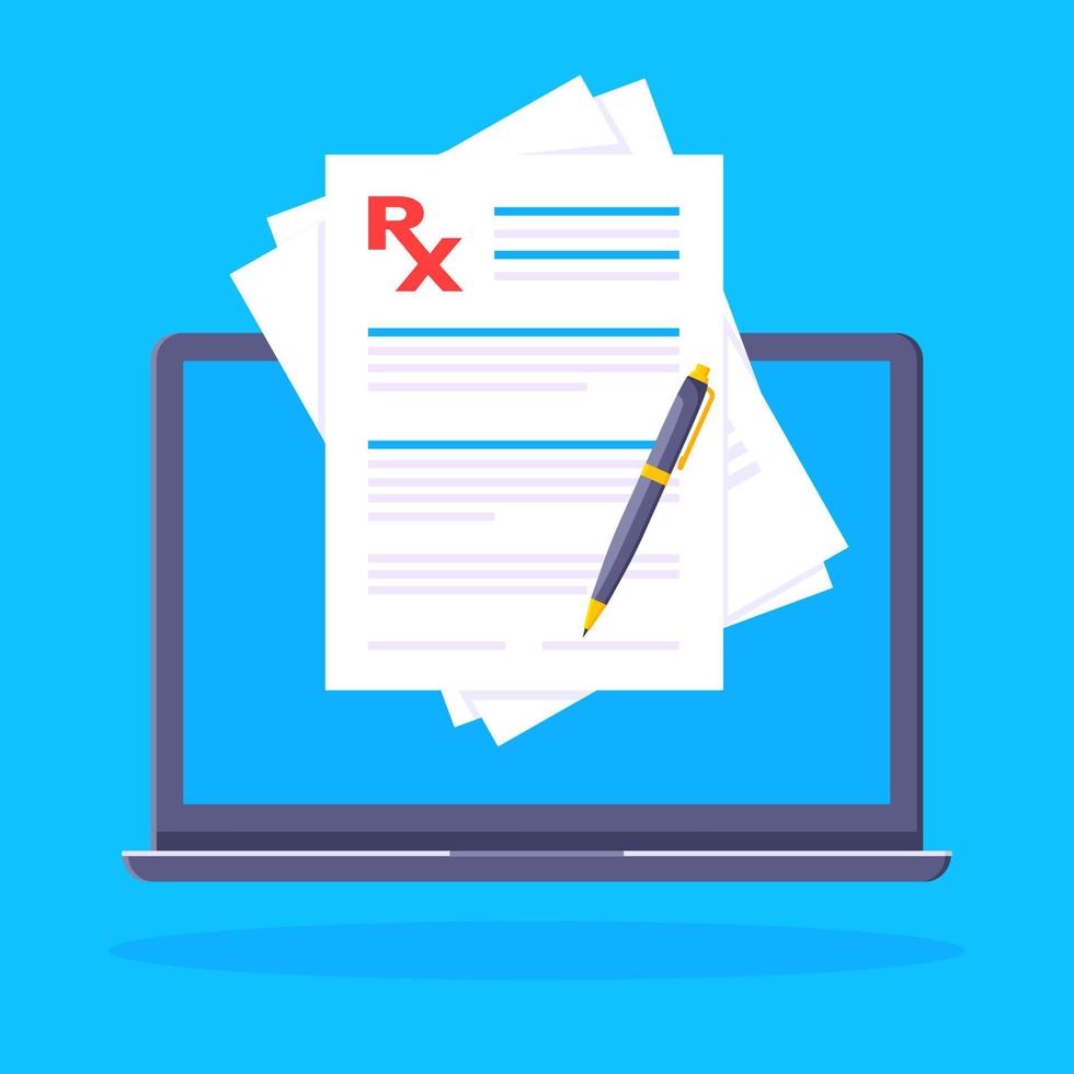 Medical rx form prescription popped up on laptop notebook screen with paper sheet flat style design vector illustration.