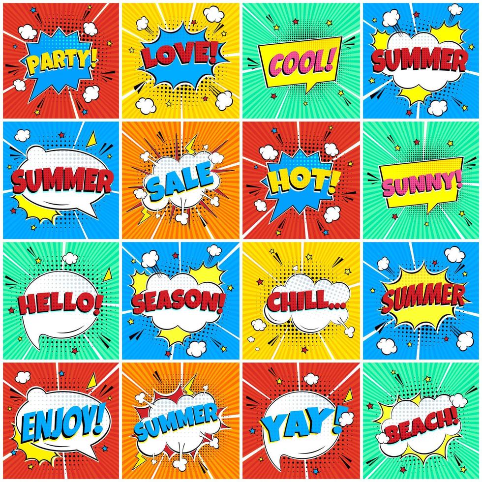 16 verano de letras cómicas en el conjunto de diseño plano cómico de burbujas de discurso. Ilustración de vector de arte pop dinámico aislado sobre fondo de rayos. concepto de exclamación de frase de voz de arte pop estilo cómic.